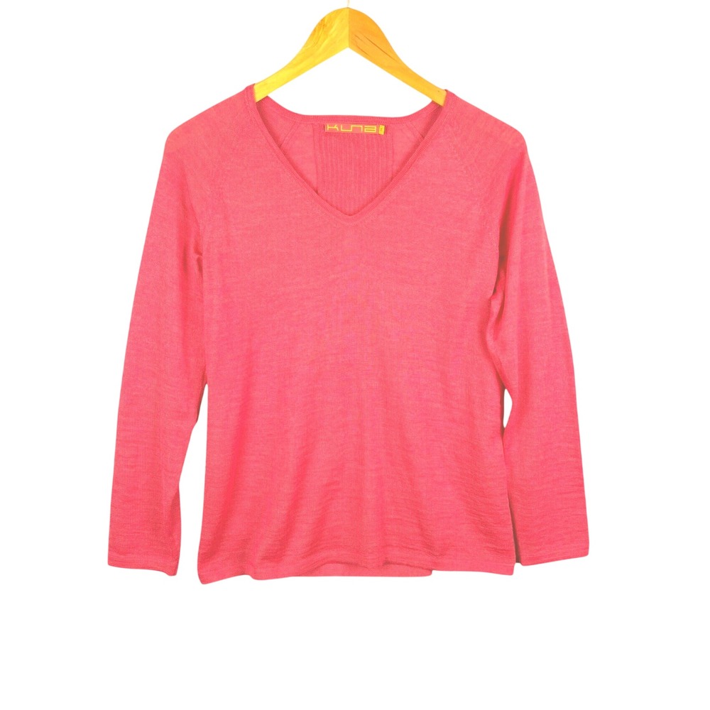 Kuna Womens Baby Alpaca Silk V-Neck Sweater Sz S Coral Ribbed Back Preppy Peru